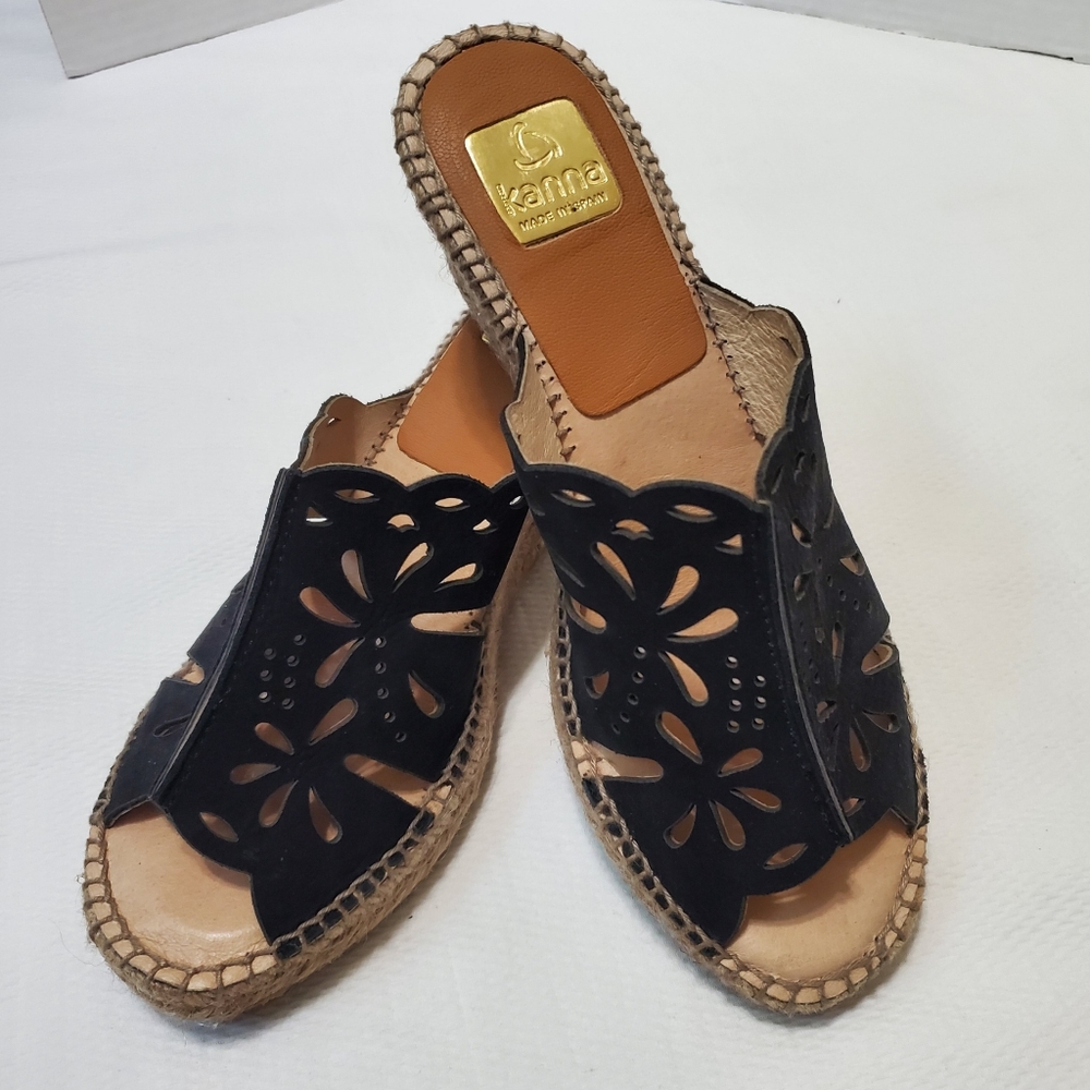 Kanna Black Leather Cutout Wedge Sandal EU 40 - Picture 6 of 10